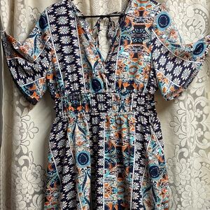 SHEIN  Bohemian Blue and Orange Patterned Dress